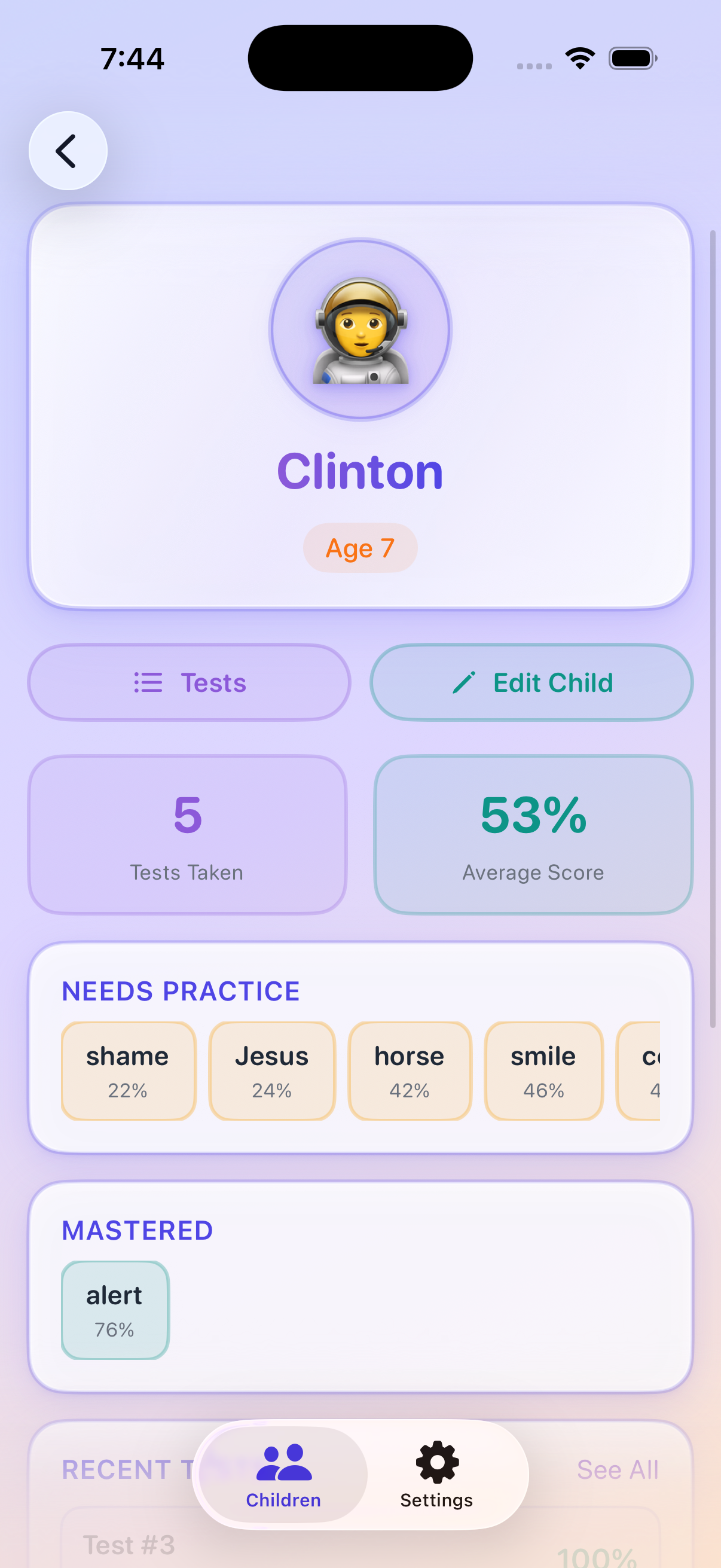WonderSpell analytics dashboard showing tests taken, average score, words needing practice, and mastered words